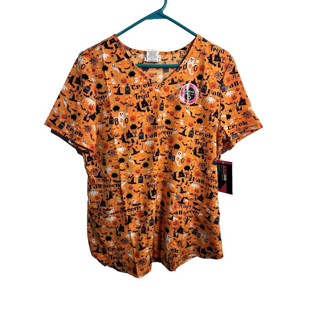 scrub star womens halloween short sleeve scrub shirt top size medium pockets